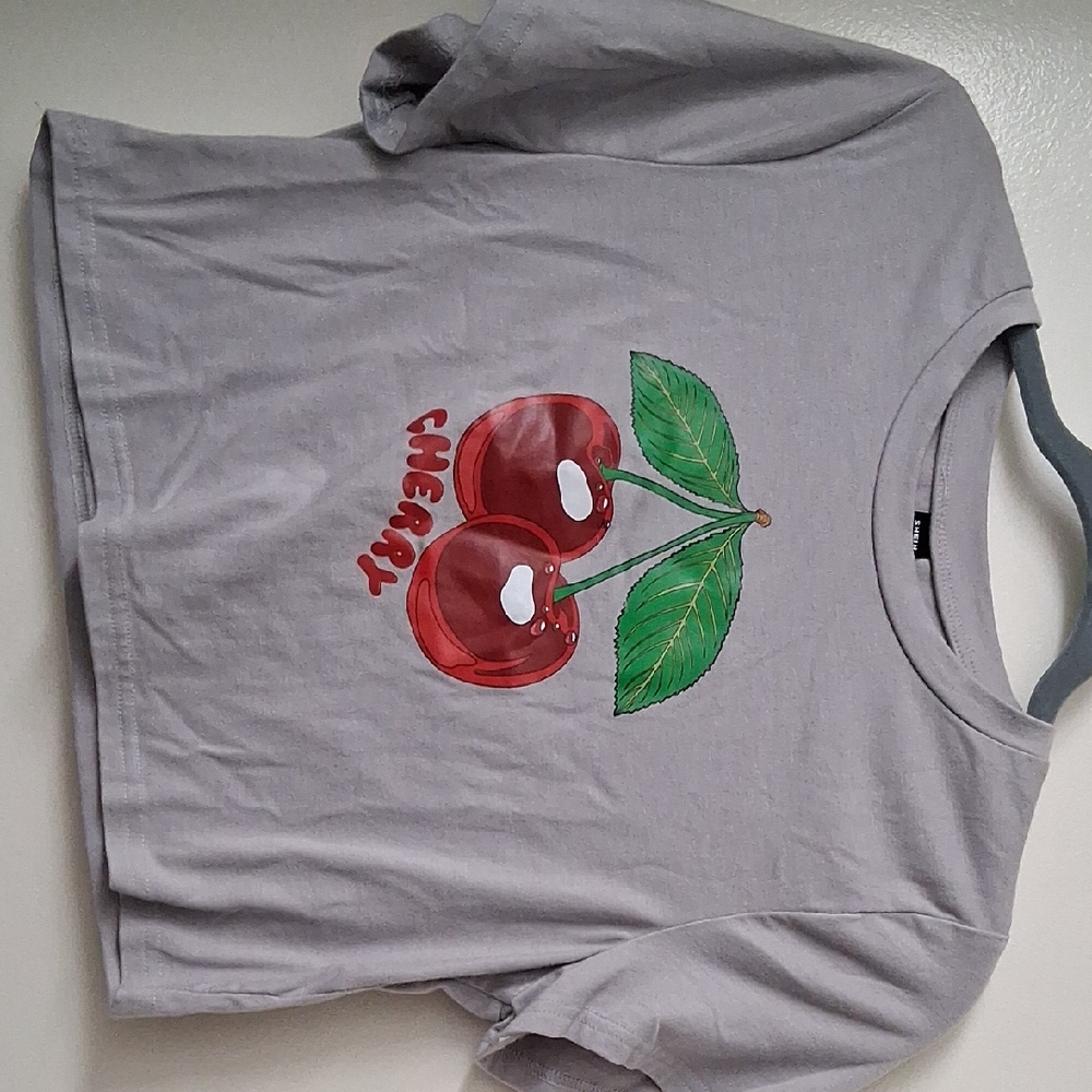 SHEIN Gray and Red Crop Top with Apple Graphic